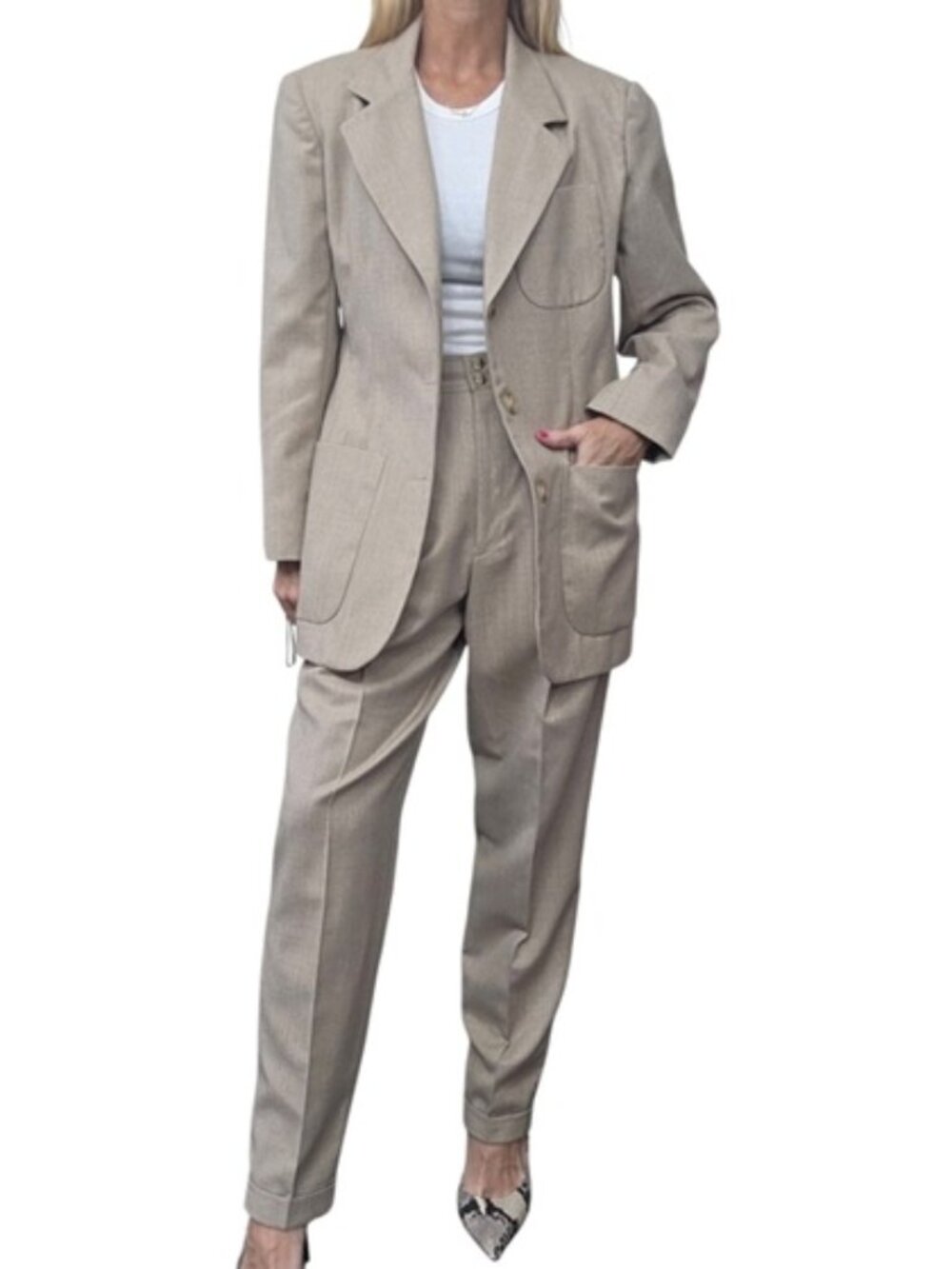 Vintage 90s Hugo Buscati 100% Wool Tan Pleated Trouser Pantsuit